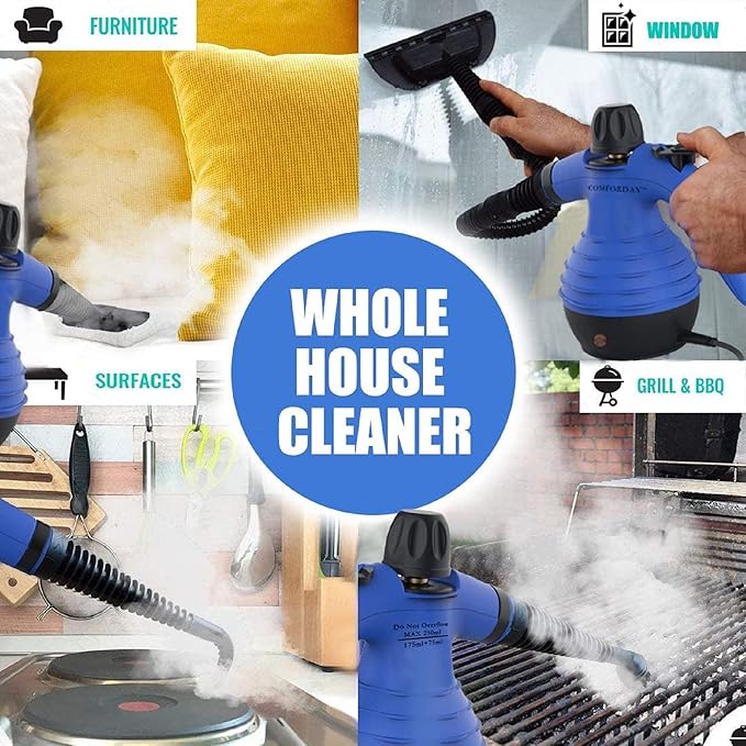 Comforday Handheld Pressurized Steam Cleaner - Multi-Purpose Steamer with 9-Piece Accessories Steam Cleaning Machine for Stain Removal, Curtains, Car Seats, Floor, Window (Blue)