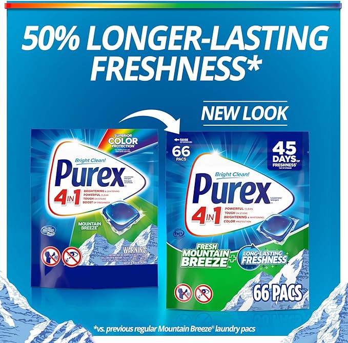 Purex 4-in-1 Laundry Detergent Pacs, Mountain Breeze, 66 Count, Brightening and Whitening, Powerful Clean, Tough on Stains, Boost of Freshness