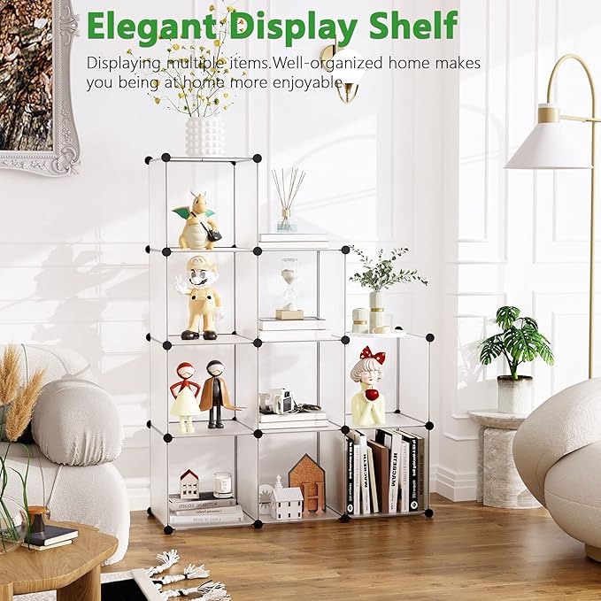 C&AHOME Cube Storage, 9-Cube Plastic Closet Cabinet Organizer, DIY Stackable Bookshelf, Modular shelving Units Ideal for Home, Office, Kids Room, 36.6"L x 12.4" W x 48.4" H Translucent White SBTM3009A