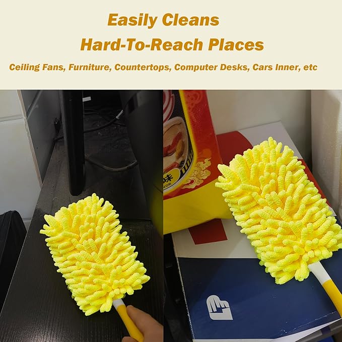 Reusable Duster for Swiffer, 4 Refills +1 Handle, 360 Heavy Duty Duster Refill Compatible with Swiffer Hand Dusters, for Dusting Furniture, Blinds, Ceiling Fans, Walls and More, Yellow