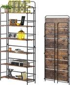 4NM No Assembly Folding Bookshelf 6 Tiers Vintage Industrial Black Book Shelf Metal Foldable Storage Bookcase and Bookshelves for Living Room,Bedroom and Kitchen - Rustic Brown