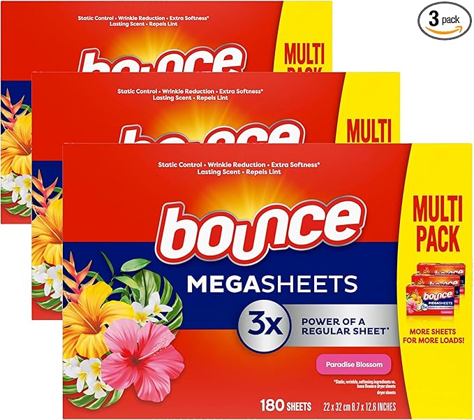 Bounce Dryer Sheets | Paradise Blossom | Anti-Static | 180 Sheets, Pack of 3
