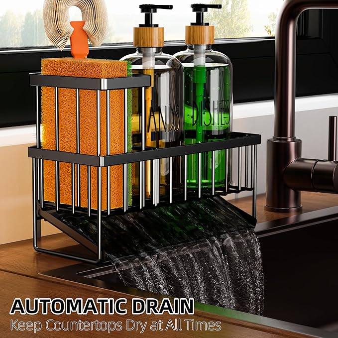 Cisily Dish Soap Dispenser, 16 fl Oz Dual Kitchen Soap Dispensers with Sponge Holder, Customized Stainless Steel Kitchen Soap Dispenser Set, Modern Hand and Dish Soap Bottle Set Removable