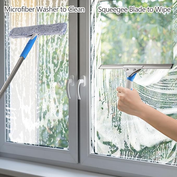 6.5 Feet Window Cleaning Kit with Extension Poles, Window Cleaner Tool with 14’’ Silicone Squeegee, 14’’ Microfiber Scrubber & Cloth, Window Washing Equipment for Indoor/Outdoor Windows