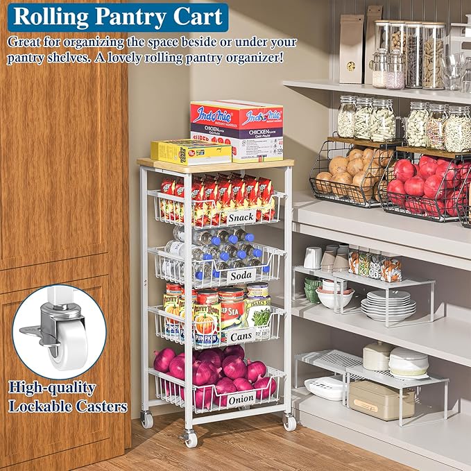5-Tier Small Kitchen Storage Cart on Wheels with Pull-Out Drawers, Rolling Pantry and Snack Organizer Cart with Wood Top, Kitchen Floor Fruit Basket Stand for Fruit Potato Onion Veggie Snack