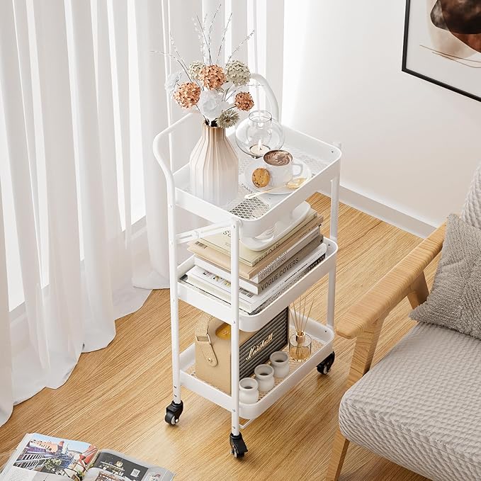 JAQ Foldable Rolling Cart, 3-Tier Metal Small Folding Storage Utility Carts Basket Rack Organizer with Handle on Wheels for Snacks Books Fruits for Kitchen Laundry Room Bathroom - (White, 3-Layer)