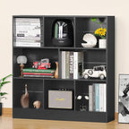 YAHARBO Black Wide Bookshelf,3 Tier Modern Horizontal Bookcase,Wood Low Bookshelves Display Storage Cabinet with Base,Floor Standing 8 Cube Large Bookcases Organizer for Bedroom,Living Room,Office