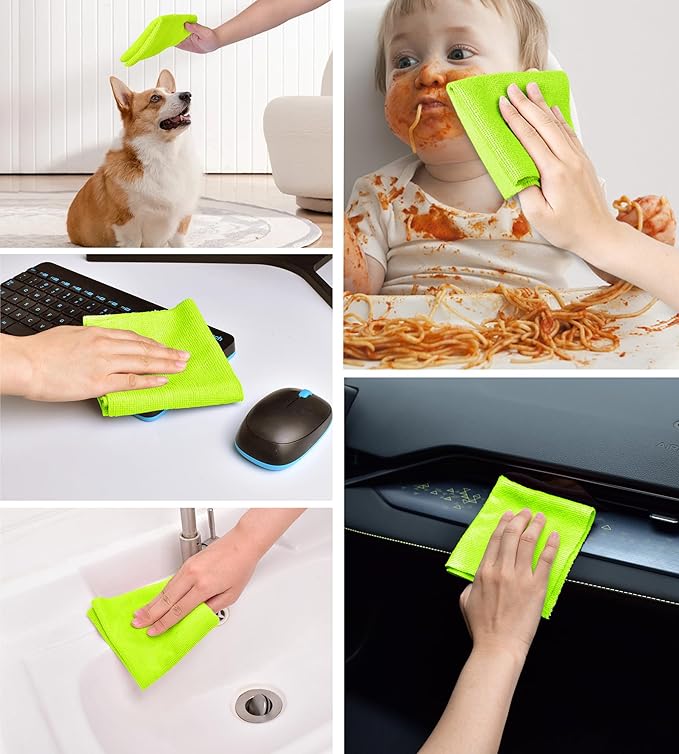 KitchLife Microfiber Cleaning Cloth Roll, 100 Pack - Tear-Away Microfiber Paper Towels, Lint-Free, Reusable, Washable for Kitchen, Car, Dishes, and Sensitive Surfaces (Neon Green)