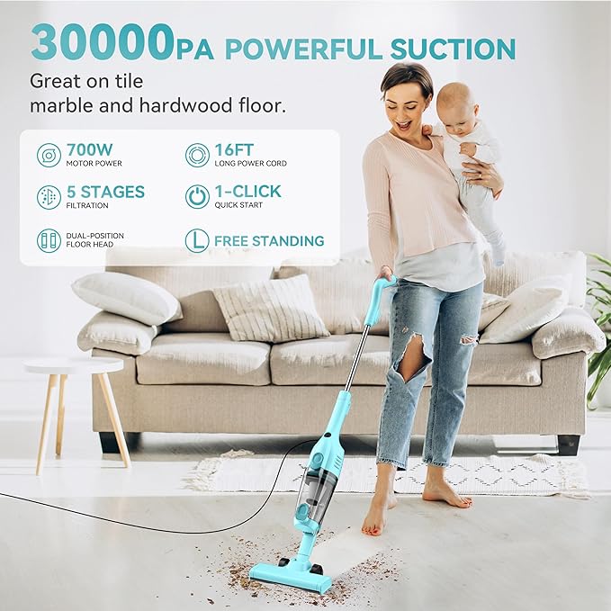Vazone R6X Corded Stick Vacuum Cleaners for Home, 30000pa Powerful Suction Stick Vacuum with 16Ft Cord, 2 in 1 Lightweight Vacuum Cleaner for Hard Floor Pet Hair (Green)