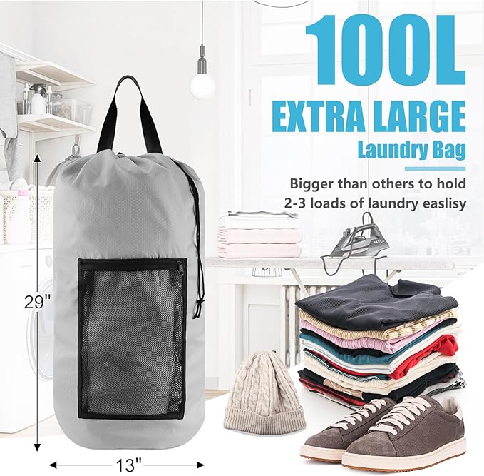 Laundry Bag Backpack, Extra Large Travel Laundry Bag with Mesh Pocket & Adjustable Shoulder Straps,Dirty Clothes Travel Bag for College Students Dorm,Apartment(Light Gray)