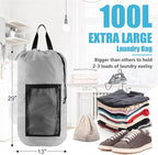 Laundry Bag Backpack, Extra Large Travel Laundry Bag with Mesh Pocket & Adjustable Shoulder Straps,Dirty Clothes Travel Bag for College Students Dorm,Apartment(Light Gray)