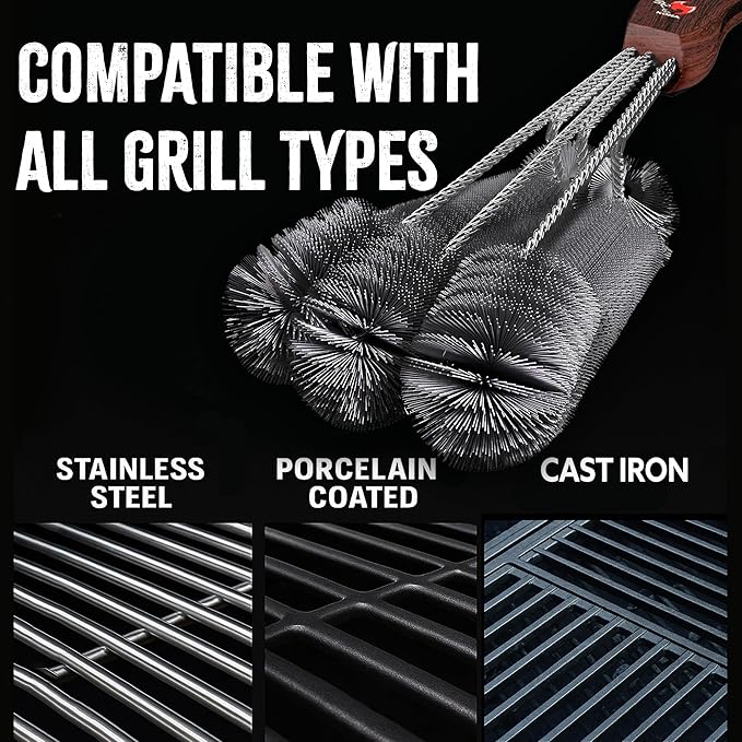 Kona 360 Clean Grill Brush - 18 inch Best BBQ Grill Brush - Wood Grain Designer Handle - Stainless Steel 3-in-1 Grill Cleaner Provides Effortless Cleaning