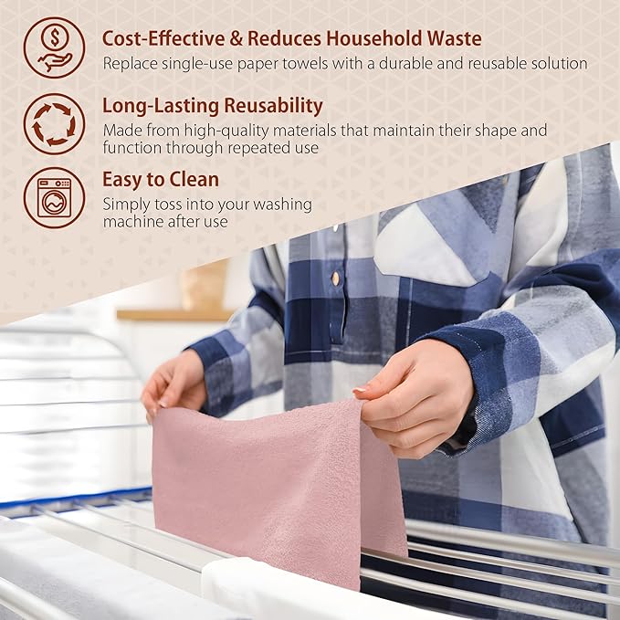 H4N Microfiber Cleaning Cloth Roll, 85 Pack Tear Away Towels, Lint Free, Absorbent, Streak Free, Non-Abrasive, Reusable and Washable Dish Rags for Car and Household Supplies, 11.81x11.81 Inches (Pink)