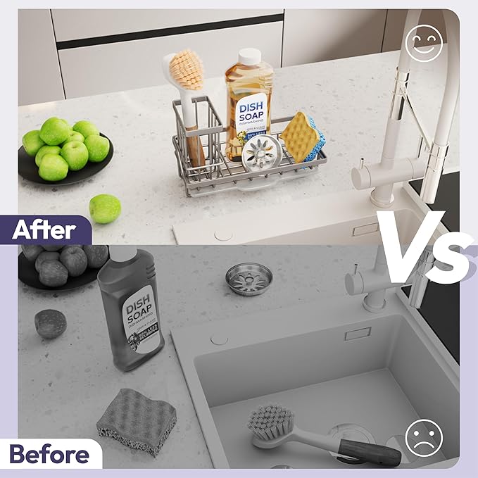 SWTYMIKI Sink Caddy Sponge Holder - Kitchen Sink Organizer with High Brush Holder for Countertop to Hold Dish Soaps and Sponges, Stainless Steel, Sand Nickel