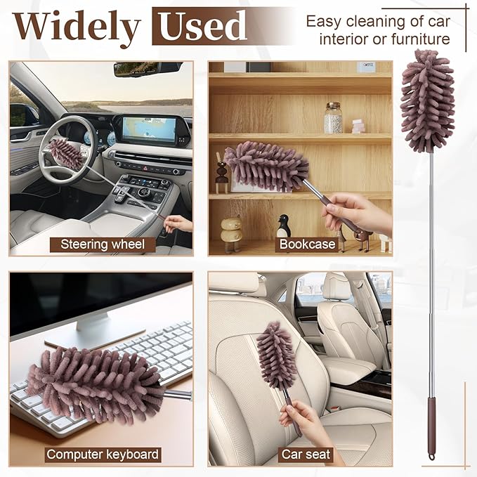 2 PCS Car Interior Duster with Extension Pole, Microfiber Car Dusters with Bendable Head, Cars Duster Exterior&Interior Scratch Free, for Cleaning of Vehicle Details, Offices, Window, Furniture(Brown)
