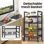 Four-Tier Metal Rolling Rack, Removable Metal Sheets, Grid Baskets with Wheels, Kitchen Storage Cart, Shelf for Pantry, Bathroom, Kitchen, Office, Garage, Black (Large)