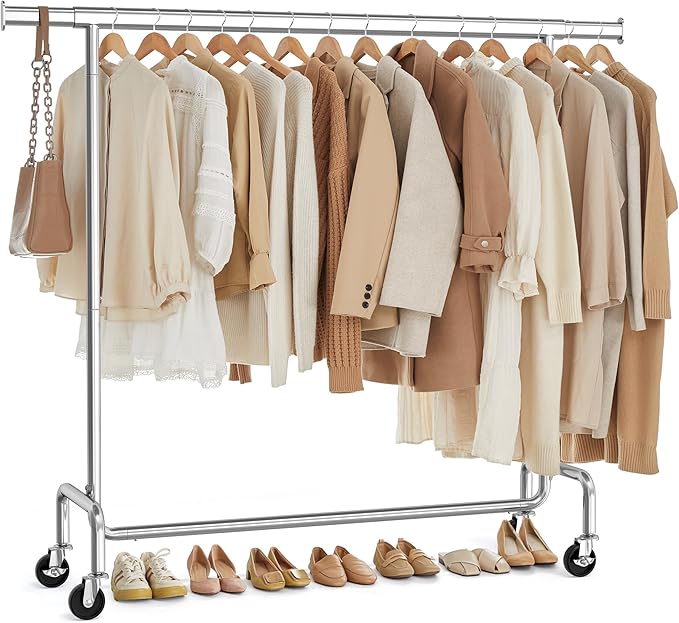 SONGMICS Clothes Rack with Wheels, Heavy-Duty Garment Rack with Extendable Hanging Rod, 286.6 lb Load Capacity, 17.7 x (43.3-59.1) x 64.1 Inches, Chrome-Plated, Silver UHSR11S