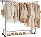SONGMICS Clothes Rack with Wheels, Heavy-Duty Garment Rack with Extendable Hanging Rod, 286.6 lb Load Capacity, 17.7 x (43.3-59.1) x 64.1 Inches, Chrome-Plated, Silver UHSR11S