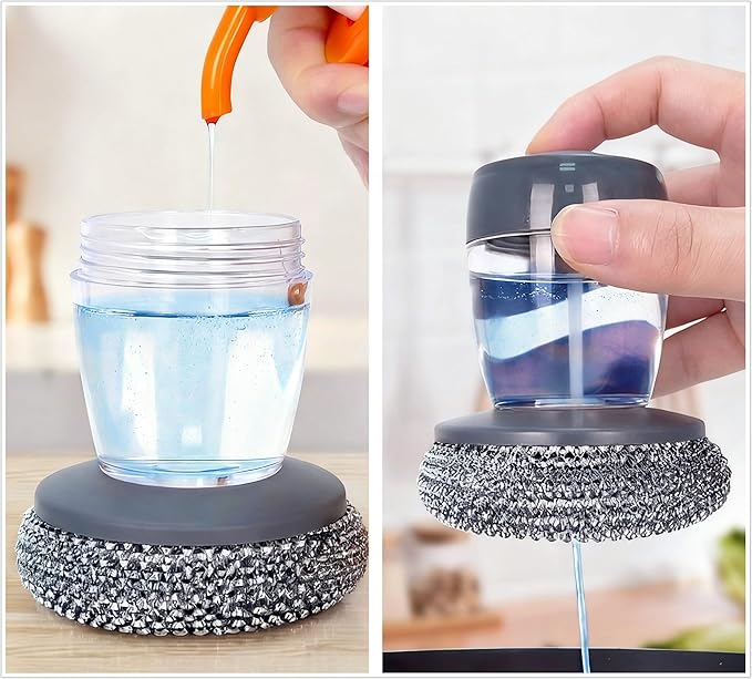 Steel Wool Scrubber with Soap Dispenser for Dish Sink Pan Stove Kitchen, Stainless Dishwashing Scouring Pad, Dispensing Heavy Duty Brush Scourer Cast Iron 2+2