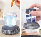 Steel Wool Scrubber with Soap Dispenser for Dish Sink Pan Stove Kitchen, Stainless Dishwashing Scouring Pad, Dispensing Heavy Duty Brush Scourer Cast Iron 2+2
