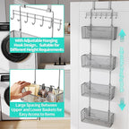 HapiRm Over The Door Organizer - Hanging Door Organizer with 4 Metal Large Capacity Baskets and Adjustable Coat Hook for Bathroom Bedroom Kitchen Pantry Closet Cabinet