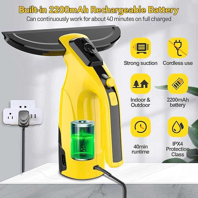 Rechargeable Window Vac, Window Vacuum Cleaner Set, Cordless Vacuum Squeegee with Built-in Spray Bottle, Electric Glass Cleaning Tool for Windows, Tiles, Mirrors, 200ml Water Tank