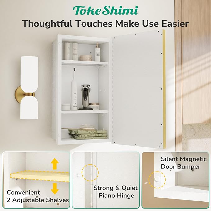 TokeShimi 17x25 Recessed Medicine Cabinet with Mirror Surface Mount, Aluminum Framed Metal White and Gold Medicine Cabinet with Mirrored, Bathroom Beveled Mirror Adjustable Storage