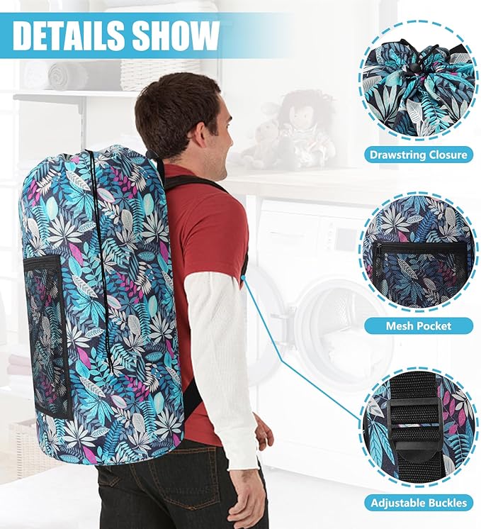 Green Leaf Portable Laundry Bag Backpack with Adjustable Straps & Drawstring Closure, Mesh Pocket - Ideal for College, Apartment, Camping