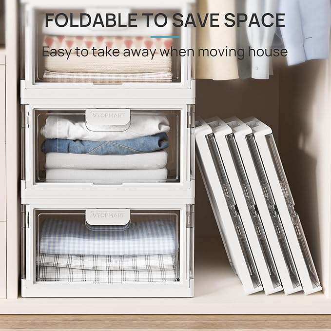 Vtopmart 1 Pack Stackable Storage Bin with Lid,24QT Clear Foldable Closet Organizer with Front-Open Doors,Plastic Storage Containers for Living Room, Bedroom, Craft Room, Dorm Organization