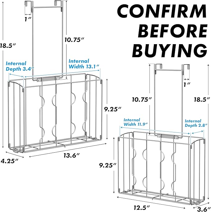 SIMPLE HOUSEWARE Over the Cabinet Door Organizer Holder 2 Pack 13.5" Wx4.25 Dx18.5 H and 12.5" Wx3.6 Dx18.5 H Silver