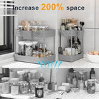 2 Pack Under Sink Organizer, Under Bathroom Cabinet Organizer with Hooks Hanging Cup, Multi-Purpose Storage Shelf for Kitchen Bathroom (Gray, XL)