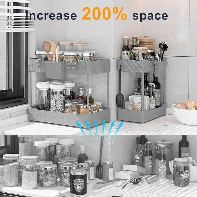2 Pack Under Sink Organizer, Under Bathroom Cabinet Organizer with Hooks Hanging Cup, Multi-Purpose Storage Shelf for Kitchen Bathroom (Gray, L)