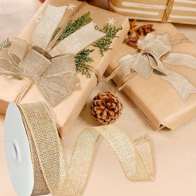 Wired Edge Decorative Ribbon DIY Craft Ribbon for Holiday Garlands Gift Wrapping and Home Decor (Natural Khaki Color, 1inches)