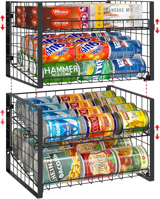 JKsmart 2-Tier Stackable Can Rack Organizer for Pantry, Adjustable Can Dispenser Holds Up to 62 Cans, Can Storage Holder for Various Ounces of Canned Food Soda Drinks, Black, 2 Pack (Petent Pending)