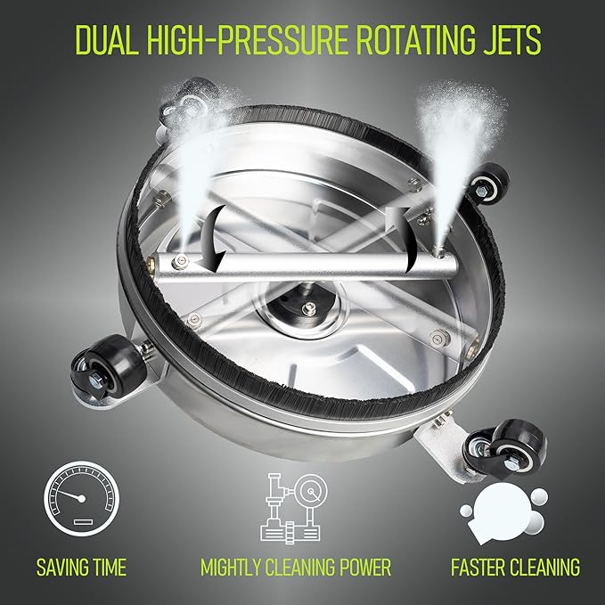 Hourleey 16" Pressure Washer Surface Cleaner, Stainless Steel Surface Cleaner with 4 Wheels for Concrete, Patio, Sidewalk, Deck, Pathway 1/4" Quick Connector, 2 Extension Wand, 4000 PSI