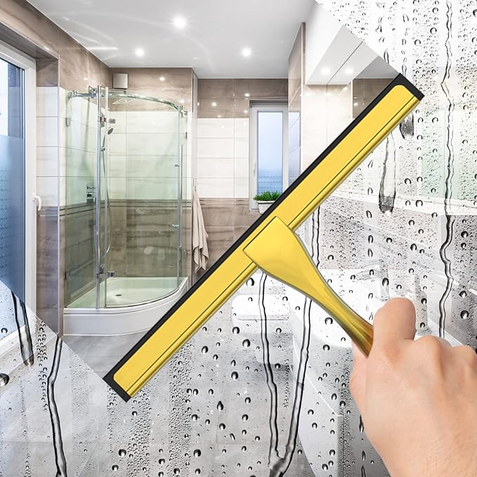 All-Purpose Stainless Steel Shower Squeegee for Shower Glass Door with Adhesive Hook, Bathroom Cleaner Tool Household Window Mirror Squeegee for Glass Doors, Cleaning Tile Wall, Car, 10 inch, Golden