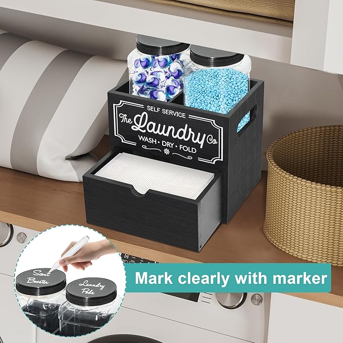 Dryer Sheet Container for Laundry Room Organization, Laundry Pods Container Include 2 Plastic Jars with Lids for Laundry Room Storage, Drying Ball and Laundry Detergent Dispenser, Laundry Room Decor