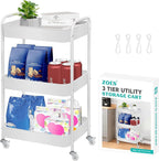 3 Tier Rolling Cart, Metal Utility Cart with 4 Hooks, Rolling Storage Cart on Wheels, Small Organizer Cart for Nursery, Kitchen, Living Room, Bathroom, White