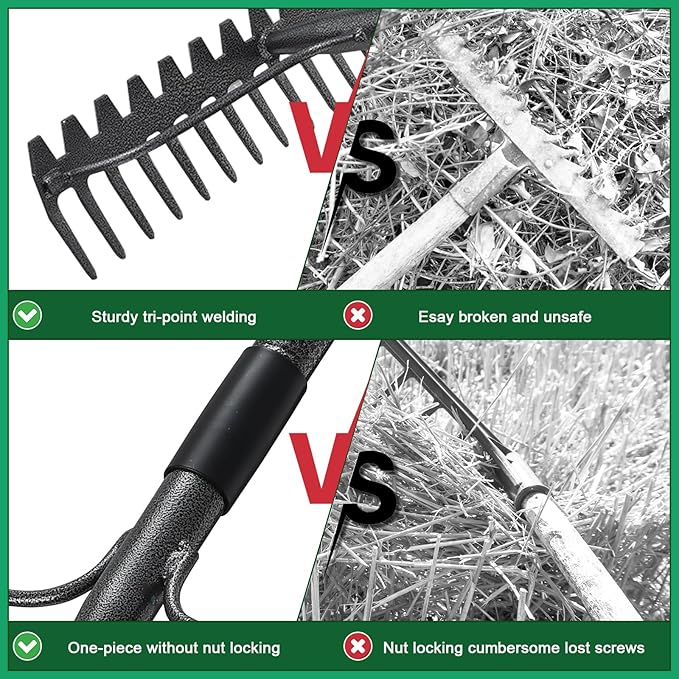 77'' Bow Rake ，17 Tines Metal Head Rakes with Stainless Steel Handle，Heavy Duty Garden Rake for Loosening Soil Gathering Leaf Leveling Lawn Farming Land Management Yarn Thatch Rake
