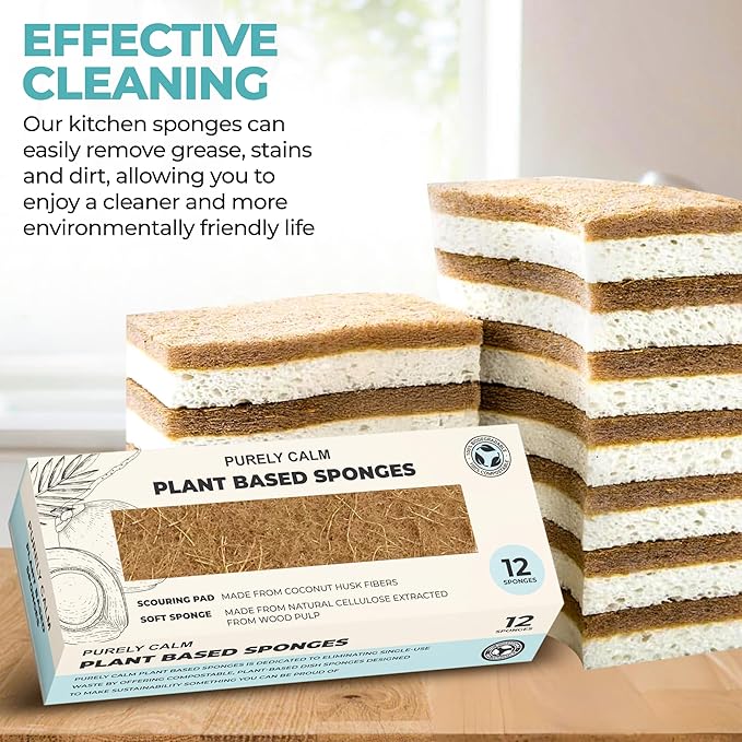 Plant Based Natural Sponge - Pack of 12 Cellulose Sponges, Safe on Non-Stick Cookware, Dual Sided Dish Sponge for Washing Dishes, Kitchen and Household