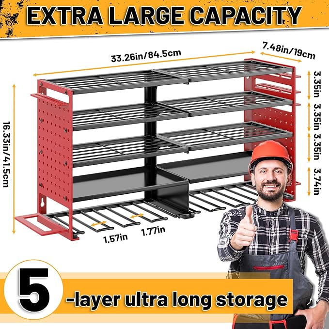5 Layers Power Tool Organizer Wall Mount, Metal Cordless Tool Hanger Storage Rack Holder with 8 Drill Holders, Heavy Duty Garage Wall Tool Shelf for Workshop Tool Room Shed Pegboard Red