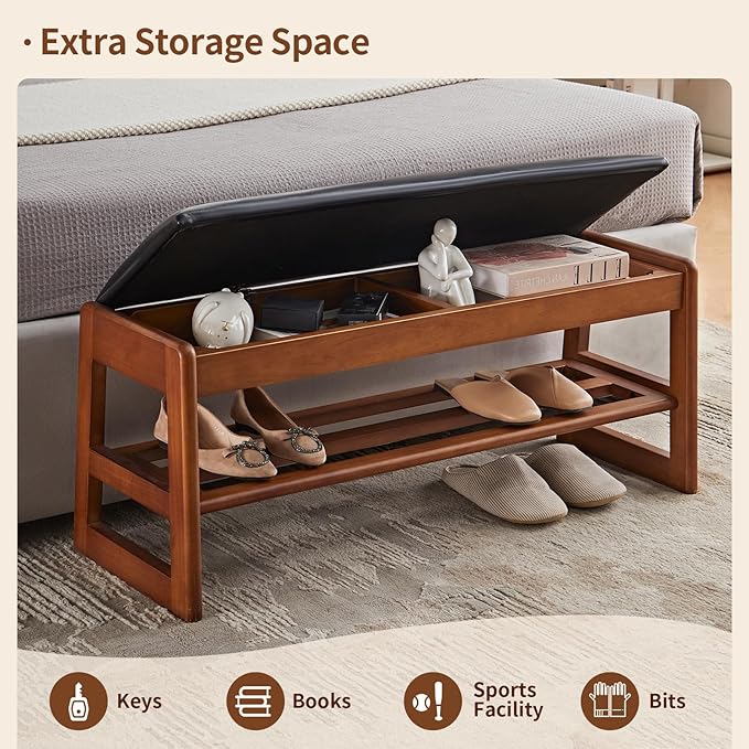 Shoe Rack Bench with Storage - Entryway Bench 40inch 2-Tier Shoe Bench with PU Cushion, Solid Wood Legs Flip Top Entryway Organizer Space Saving