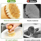 SUBEKYU Dish Brush, Bamboo Dish Scrubber Brush Set with Tray, Natural Kitchen Dishwashing Scrub Brush for Cleaning Dishes/Pans/Pots, Built-in Scraper, Natural Sisal + Palm Bristles, Set of 2