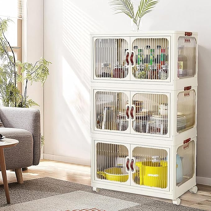 Multi-Purpose Stackable Plastic Storage Bins with Wheels & Lids - Space-Saving Foldable & Collapsible Organizers for Home, Pantry, Office, Dorm, Craft Room & Closet (4 Layers)