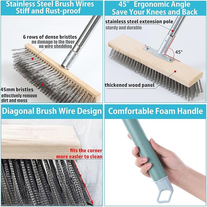 Stainless Steel Deck Scrub Brush with Long Handle, 62" Floor Scrubber Brush Heavy Duty Wire Brushes for Cleaning Pool Concrete Patio Garage Outdoor Moss Remover 11.8" Wide