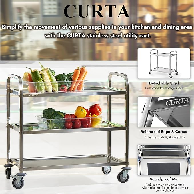 CURTA Stainless Steel Serving Trolley, 38" L x 20" W x 37" H 3 Tiered Shelf Kitchen Utility Cart, Rolling Casters Brake Wheel, Commercial Pro for Restaurant/Hotel/Lab/Clinic/Salon/Workshop