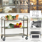 CURTA Stainless Steel Serving Trolley, 30" L x 16" W x 33" H 3 Tiered Shelf Kitchen Utility Cart, Rolling Casters Brake Wheel, Commercial Pro for Restaurant/Hotel/Lab/Clinic/Salon/Workshop