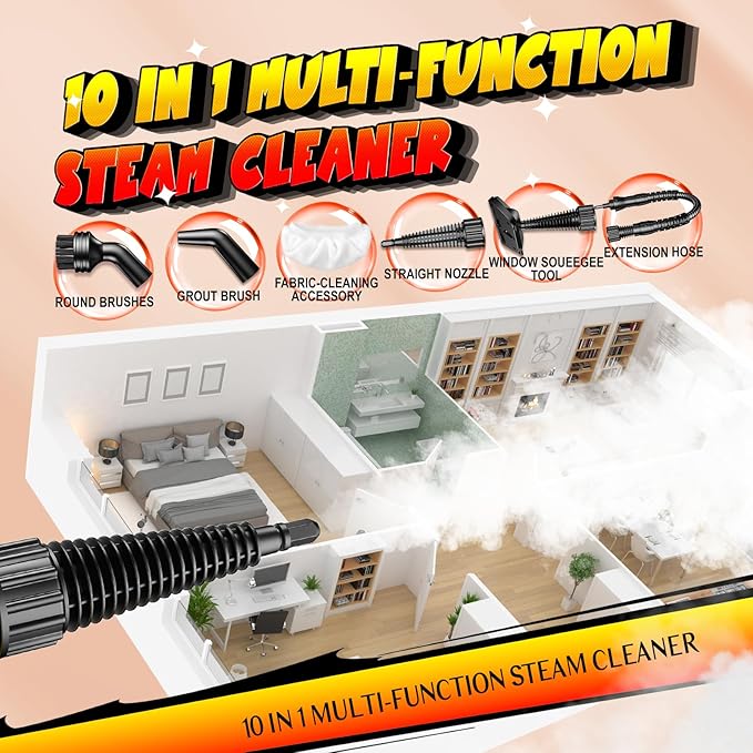 Handheld Steam Cleaner for Home,Couch,Floors,Upholstery and Grout, Pressurized Steamer Cleaning with 10pcs Accessories for Home Use, Multi-Purpose Deep Cleaning Steamer for Car/Toy/Tile/Grout/Window