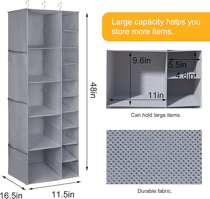 Libeder Shoe Organizer for Closet, 15 Shelf Hanging Closet Storage Shelves - 10 Shoe Rack Organizer and 5 Compartment for Clothes with 6 Side Mesh Pockets for Scarves Socks,Gloves Grey