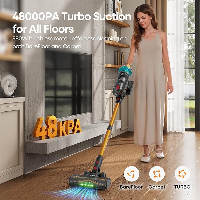 ElecKeys Cordless Vacuum Cleaner, Upgraded 580W 48KPA 65Mins Vacuum Cleaners for Home, Stick Vacuum with Self-Standing and Touch Screen, Anti-Tangled Handheld Vacuum for Pet Hair, Floors, Carpets, K10